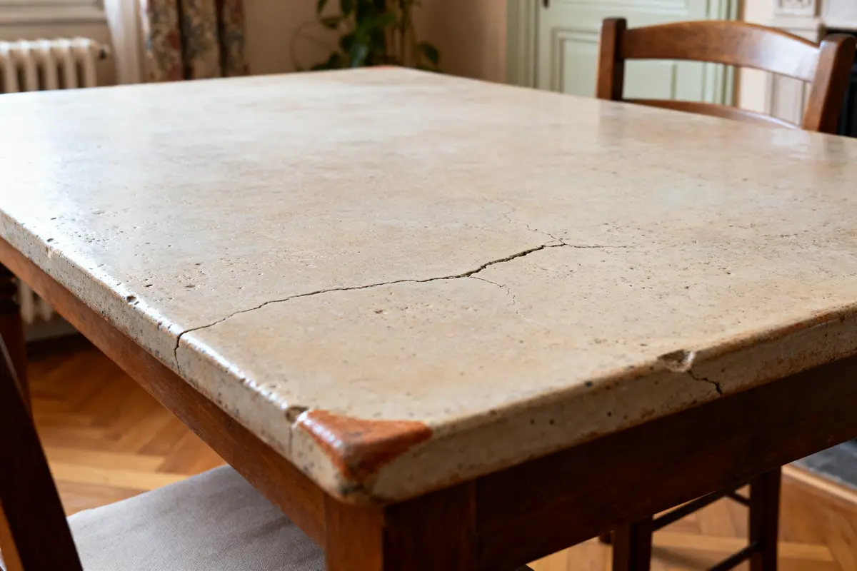 Table céramique endommagée montrant un inconvénient avec fissures et bords ébréchés