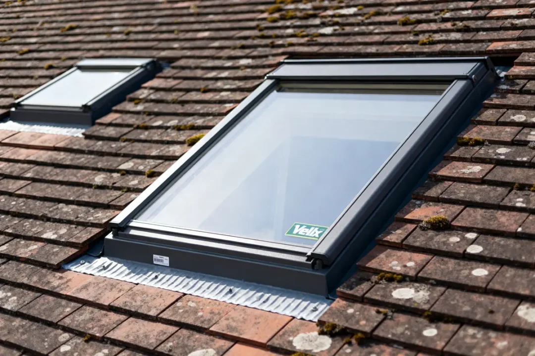 Deux fenêtres de toit montrant la taille des velux sur un toit en tuiles