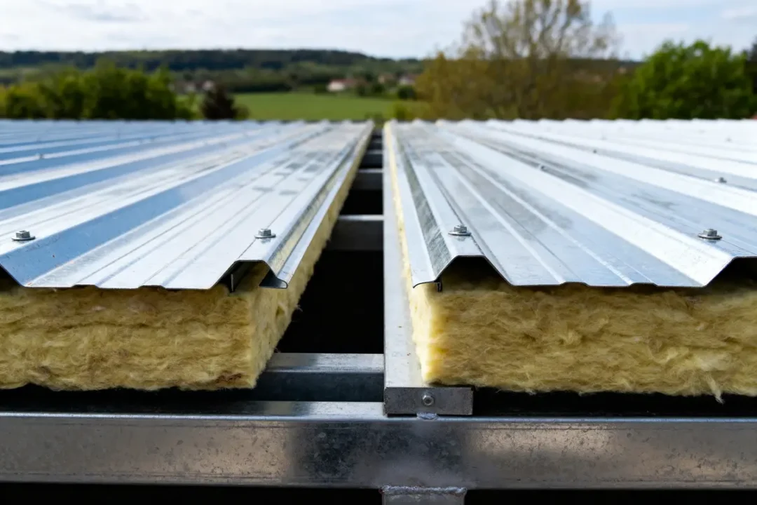 Panneaux de toiture bac acier isolé en gros plan avec isolation laine minérale