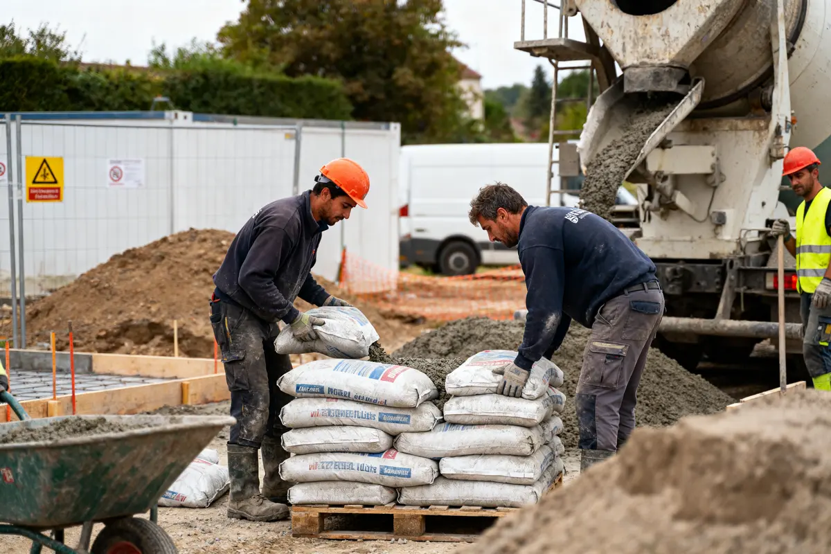 Deux ouvriers sur un chantier de construction, manipulant des sacs de ciment près d'une bétonnière.