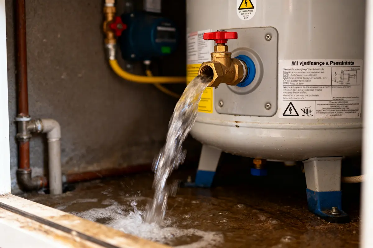 Chauffe-eau vidangé en action avec robinet ouvert et écoulement d'eau abondant