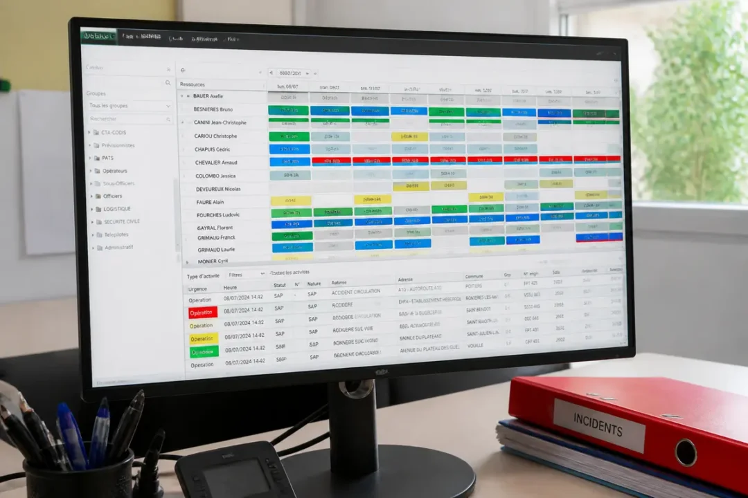 Écran d'ordinateur affichant un planning coloré de gestion d'incidents avec logiciel Agendis
