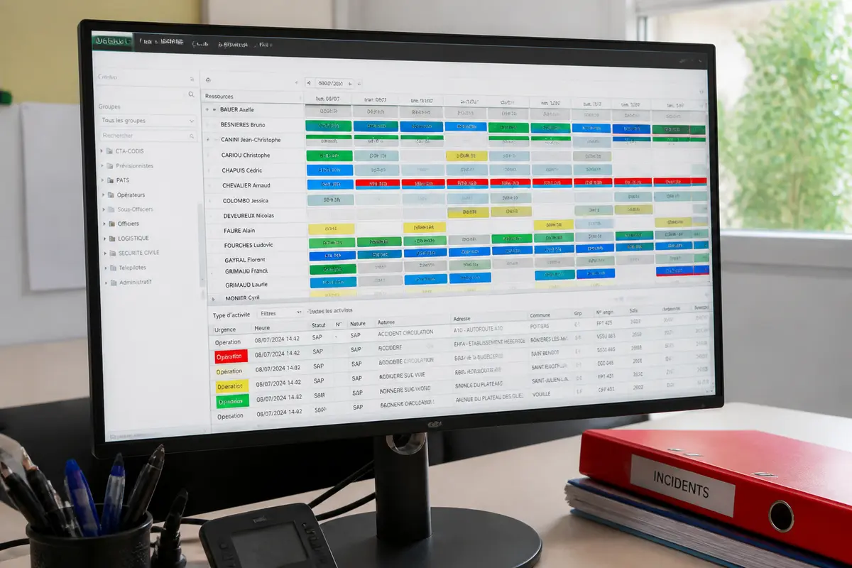 Écran d'ordinateur affichant un planning coloré de gestion d'incidents avec logiciel Agendis