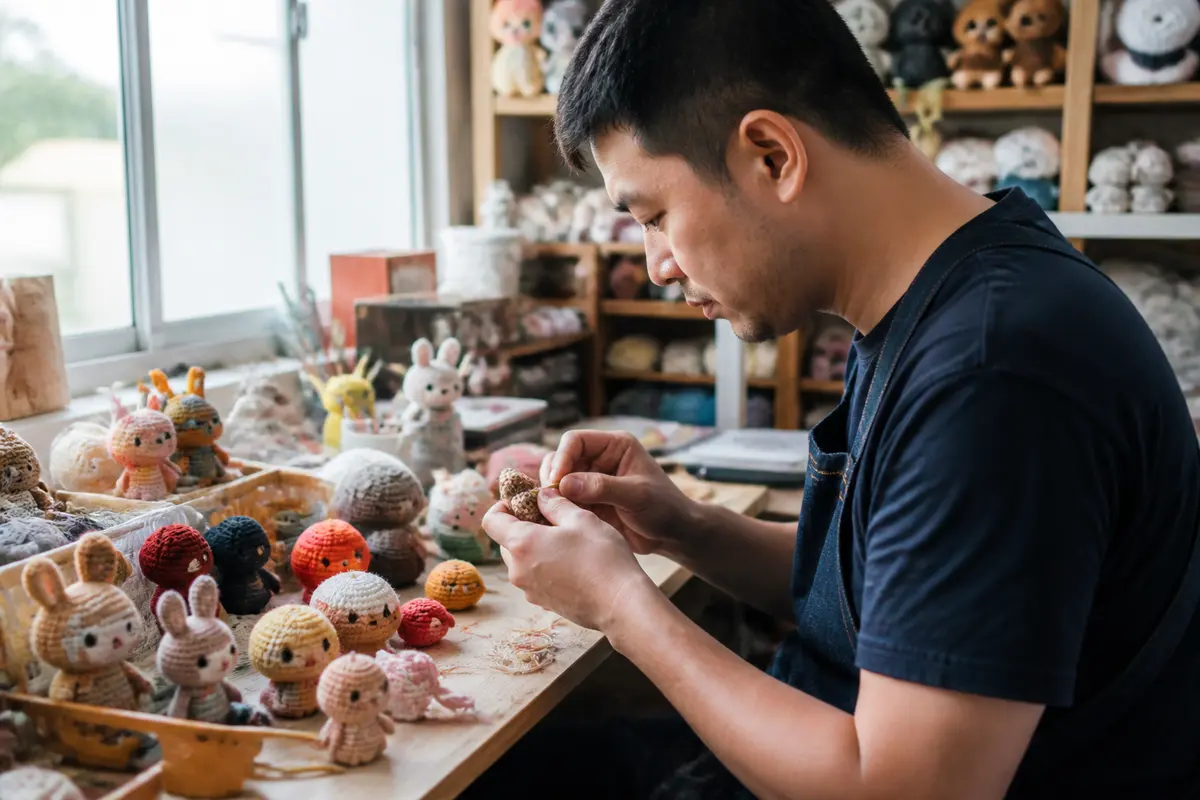 Artisan fabriquant des poupées crochetées agurimini dans son atelier lumineux rempli de créations