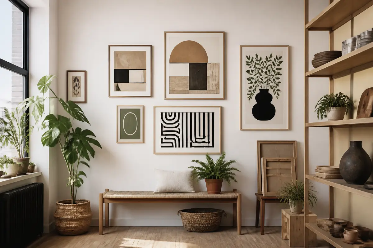 Salon moderne avec décor scandinave et œuvres murales pour un beau beau blog déco.