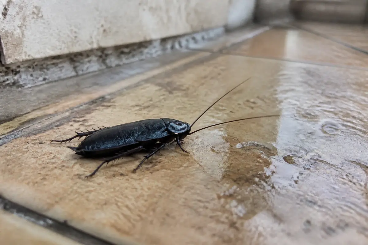 Cafard noir rampant sur du carrelage humide dans un coin de mur intérieur