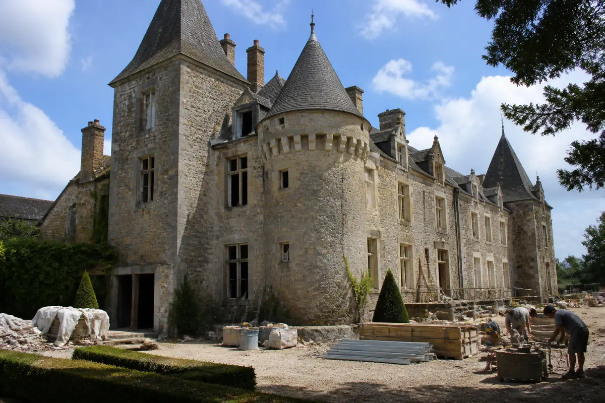 Château en rénovation avec ouvriers, illustration de que sont devenus les châteaux XXL anciens