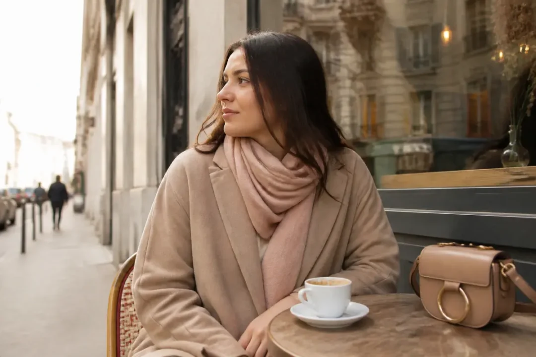 Femme en manteau couleur nude, café en terrasse avec sac assorti.