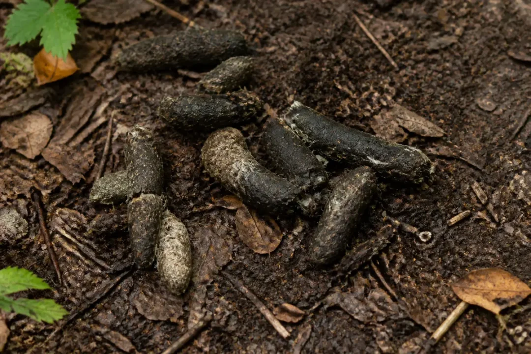 Crottes d'animaux nocturnes sur sol forestier avec feuilles mortes et terre humide