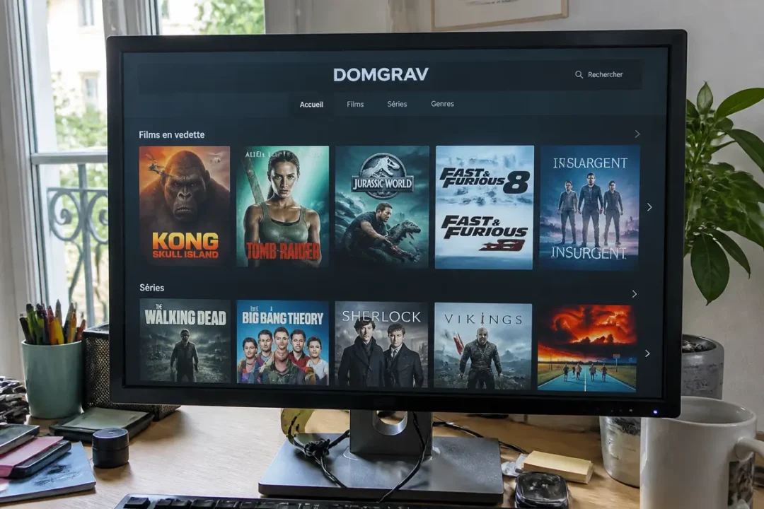 Écran affichant films et séries en streaming sur plateforme Domgrav com