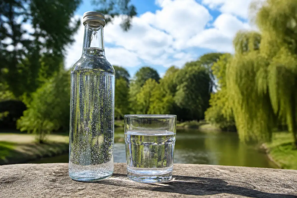 Bouteille et verre d'eau alcaline sur table en pierre devant paysage naturel verdoyant