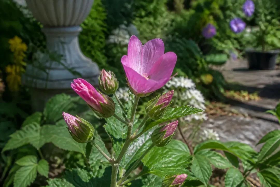Fleur en ette rose en gros plan dans un jardin verdoyant et fleuri