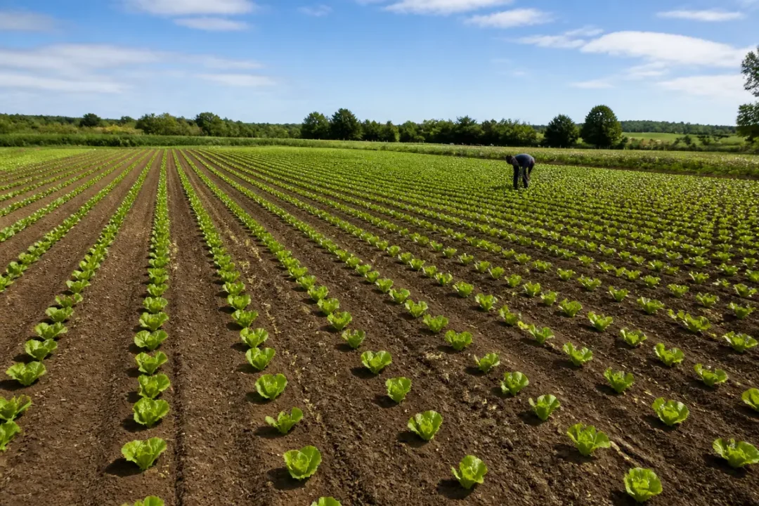 Champ de laitues cultivées en rangées sur une hectare unité avec un agriculteur travaillant