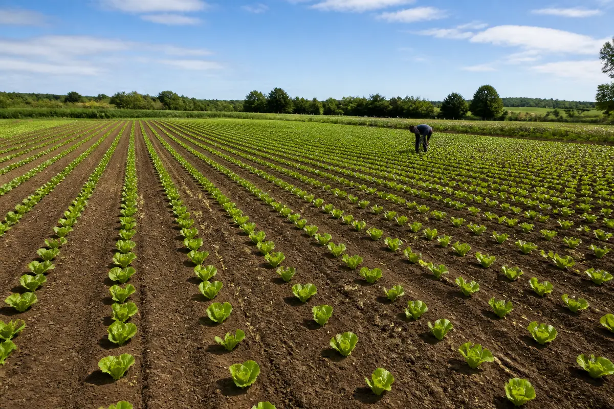 Champ de laitues cultivées en rangées sur une hectare unité avec un agriculteur travaillant