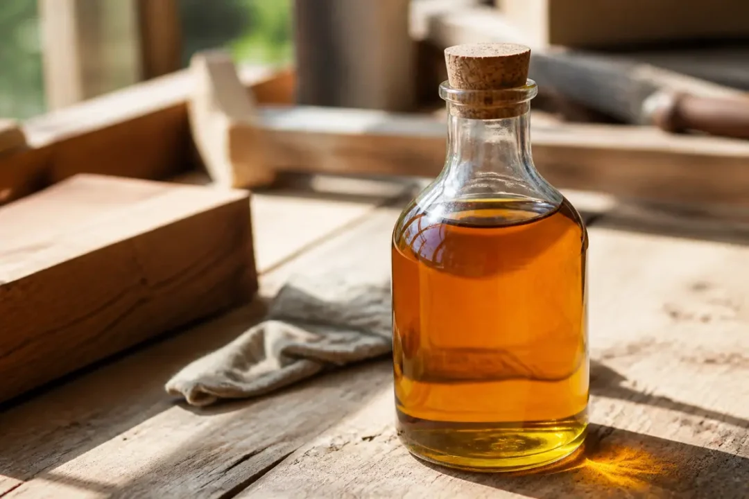 Bouteille d'huile de lin pour le bois sur établi en bois éclairé par le soleil