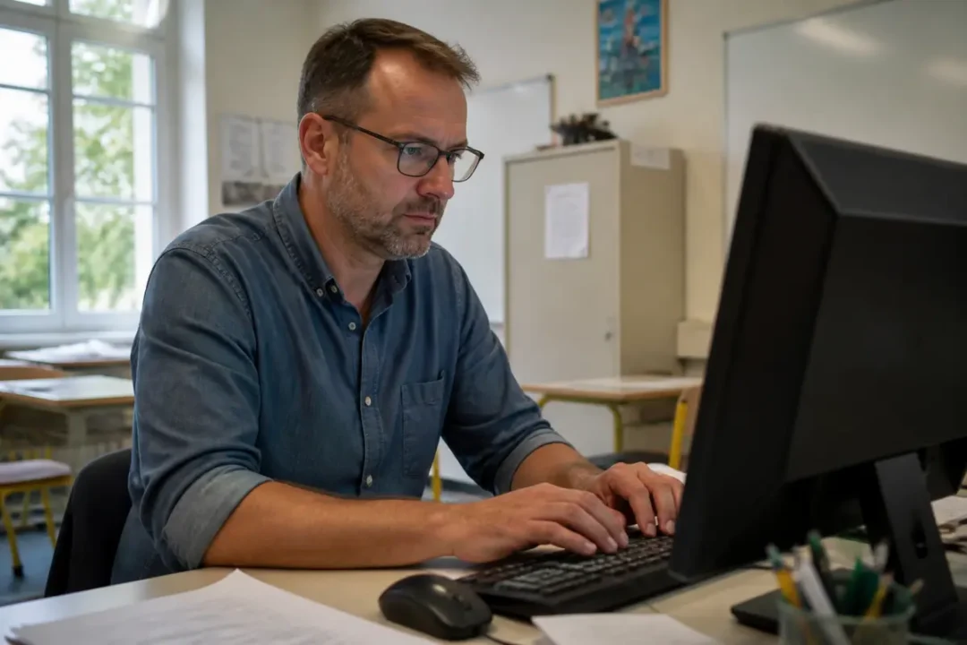 Enseignant utilisant iProf à Reims sur ordinateur dans une salle de classe calme