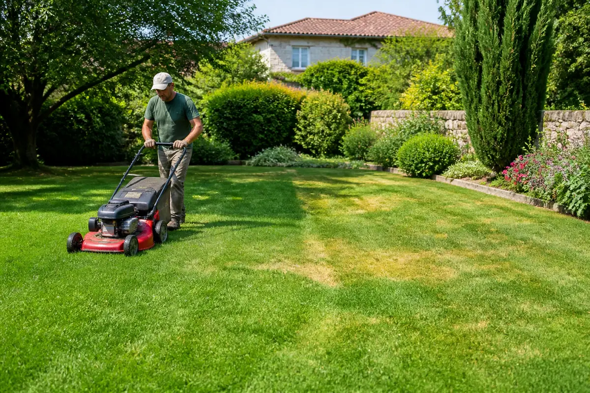 Homme tondant une pelouse bien entretenue illustrant les inconvénients du gazon à l'anglaise