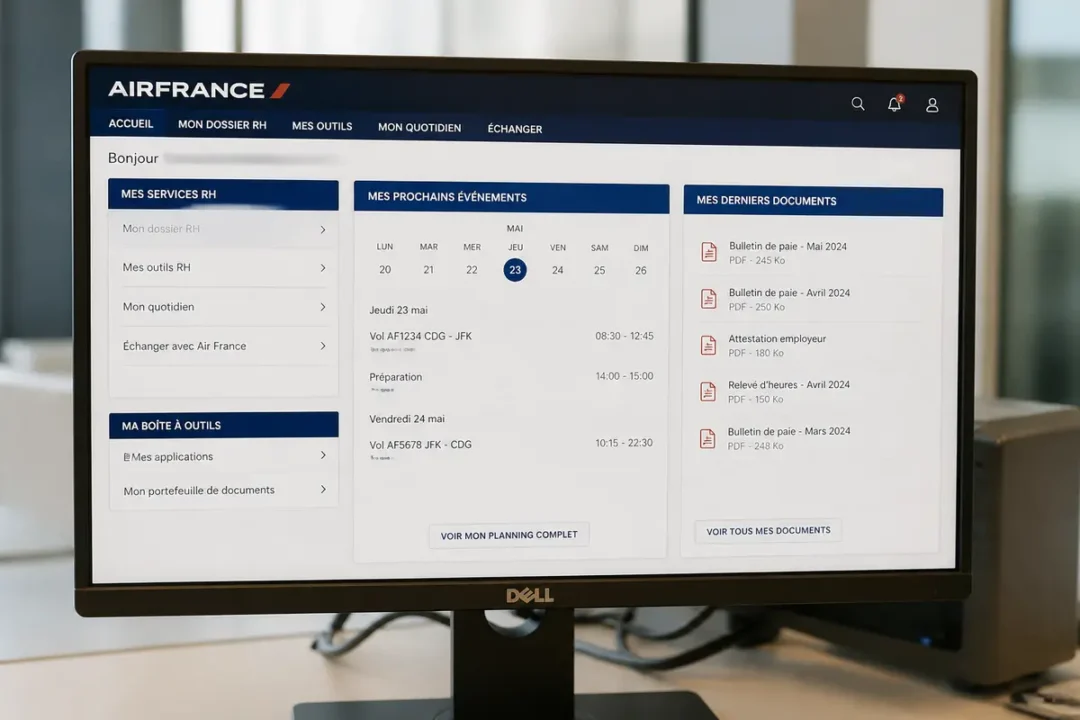 Ordinateur affichant un tableau de bord intralignes Air France avec événements et documents enregistrés.