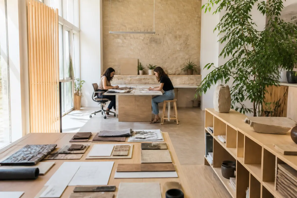Design collaboratif dans bureau moderne avec ldeo intérieurs et échantillons de matériaux sur table