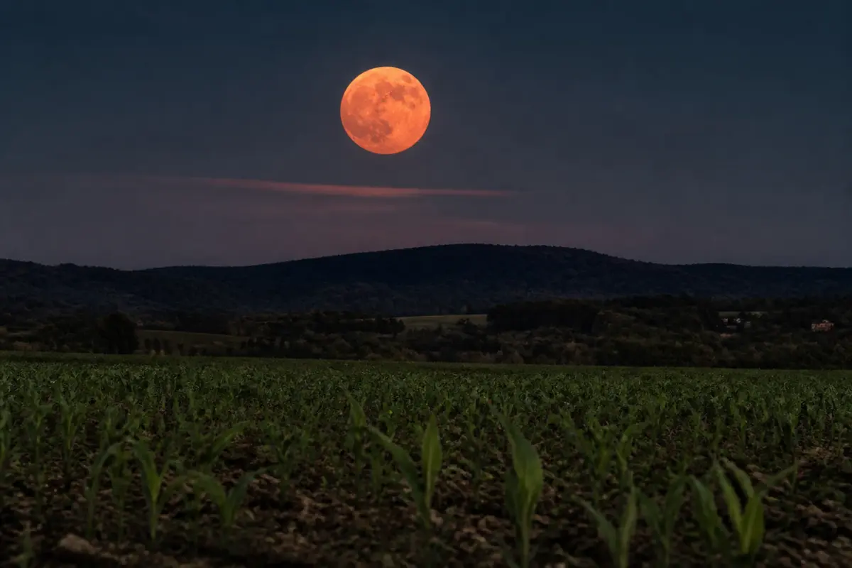 Paysage rural avec lune rousse prévue en 2025 au-dessus des collines sombres