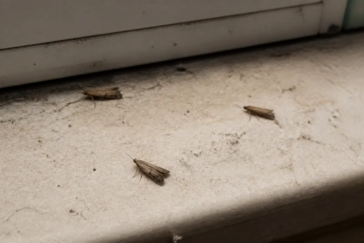 Trois insectes similaires à des mites de poussière sur un rebord de fenêtre sale
