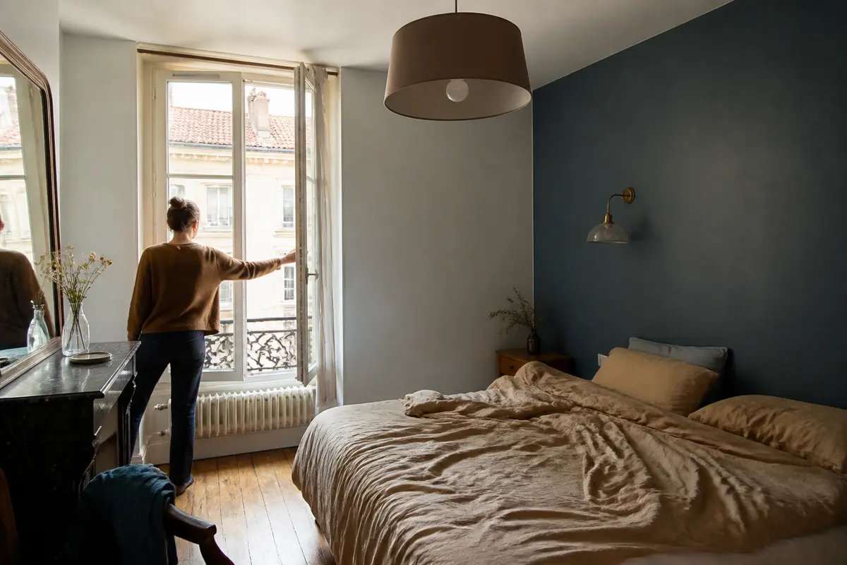 Femme dans une chambre avec peinture adulte en deux couleurs et grande fenêtre ouverte