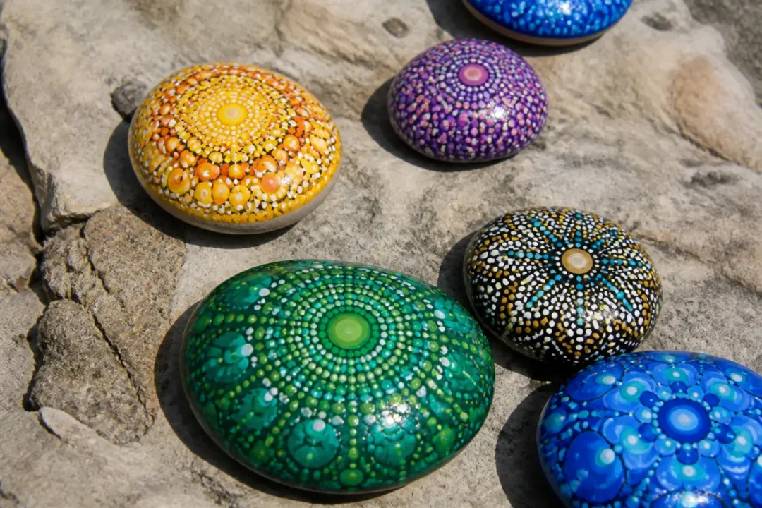 Galets peints colorés déposés sur des pierres, illustrant la peinture sur galets artistique.