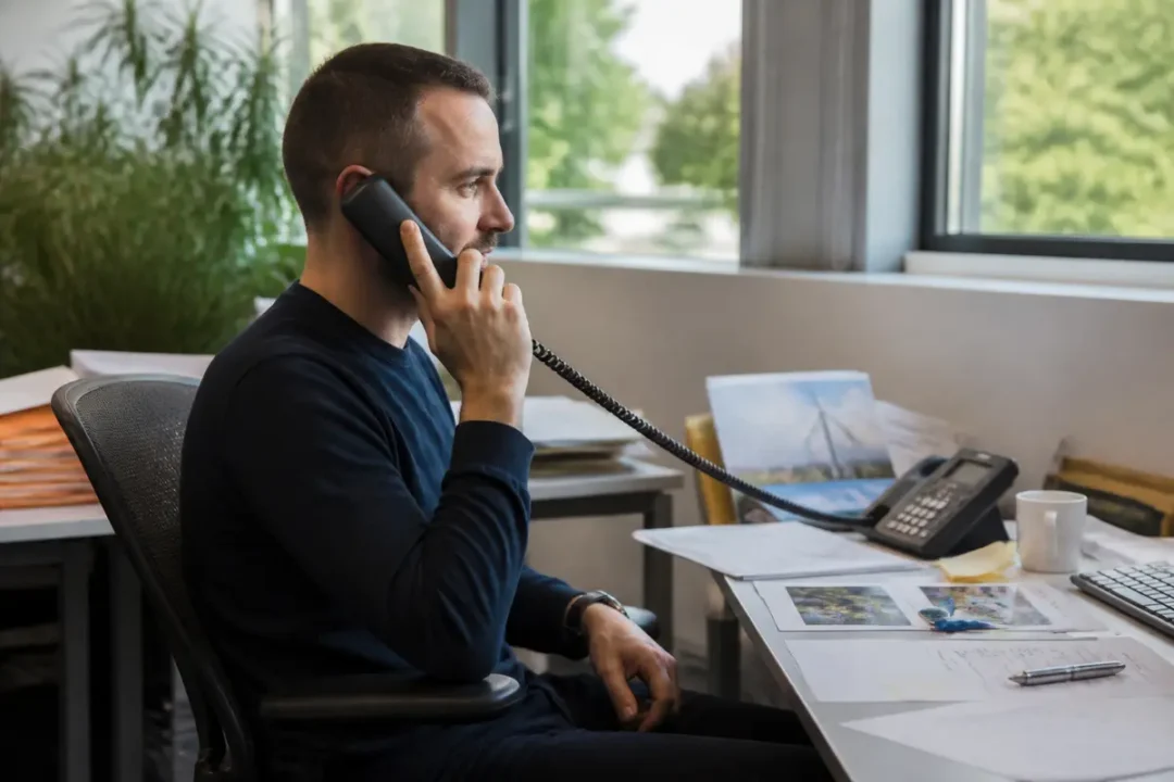 Homme au téléphone dans un bureau pour le service client d'EDF ENR
