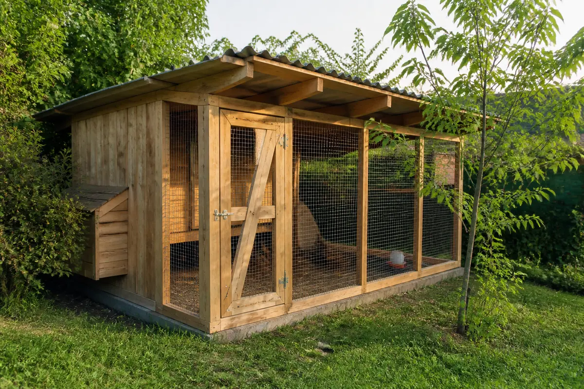 Grand poulailler en bois avec espace grillagé dans un jardin, lié à la taxe poulailler