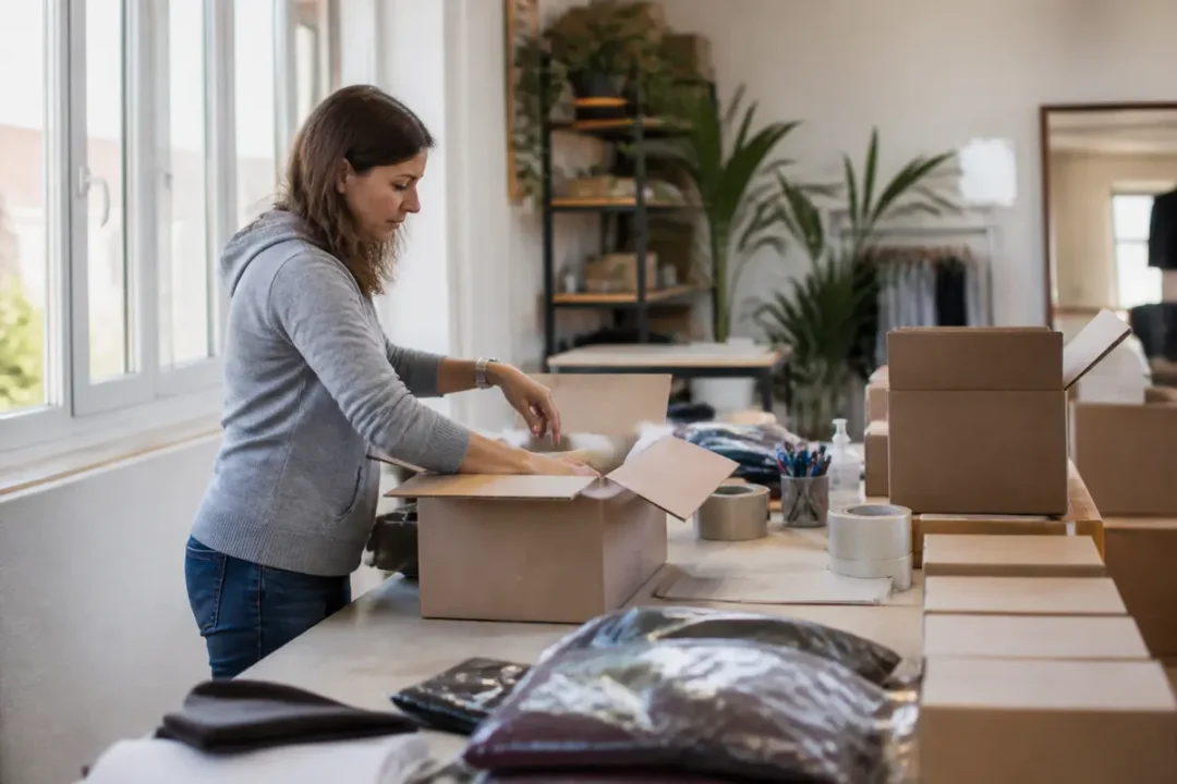 Femme préparant des colis, illustrant le travail de l'emballage à domicile