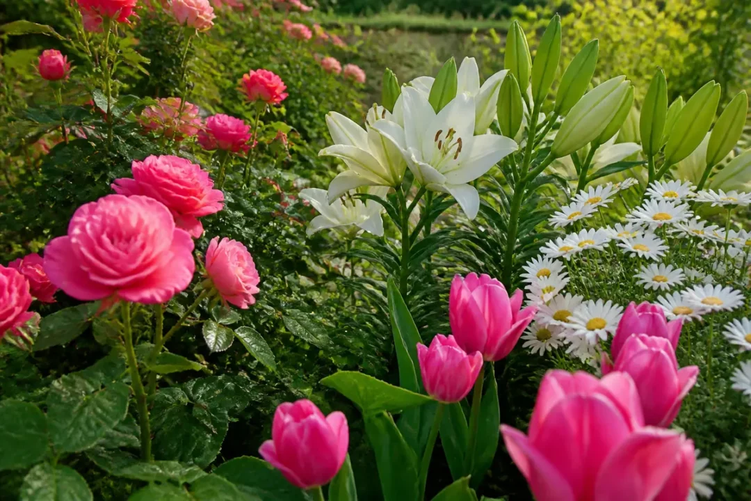 Jardin coloré avec différents types de fleurs comme roses, tulipes, lys et marguerites